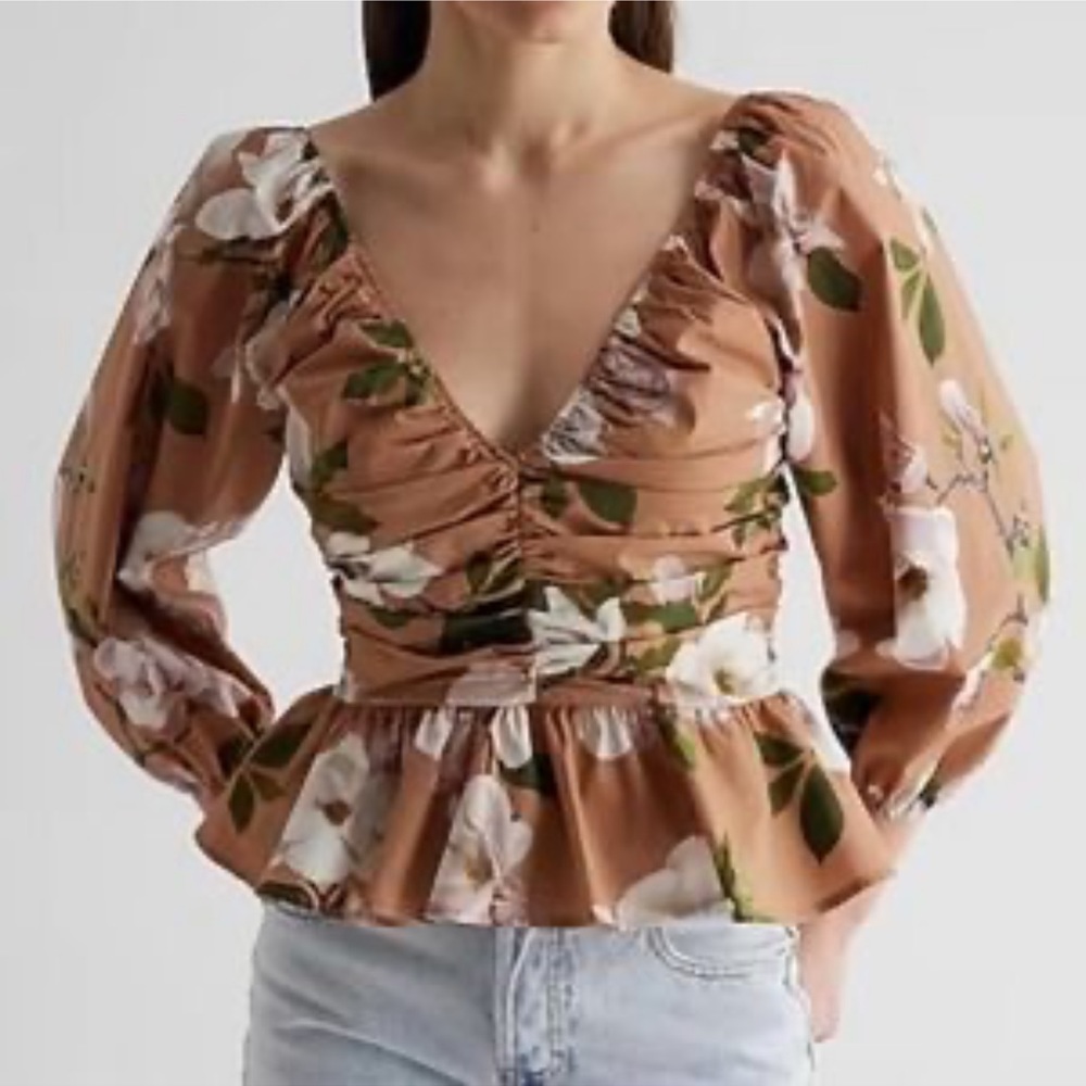 Express statement top floral pleated peplum puff sleeve XL